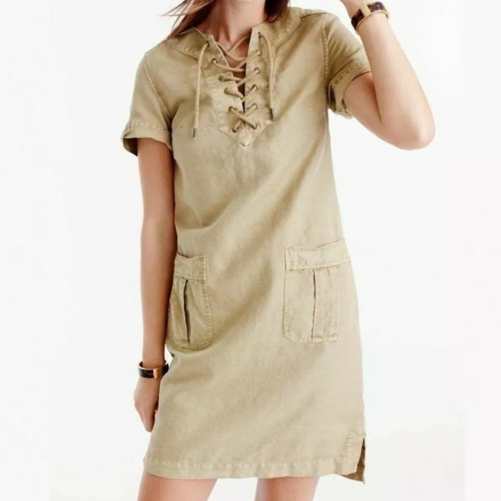 J Crew Women Dress Size 0 Safari Tan Linen Blend LaceUp Short Sleeve Pockets